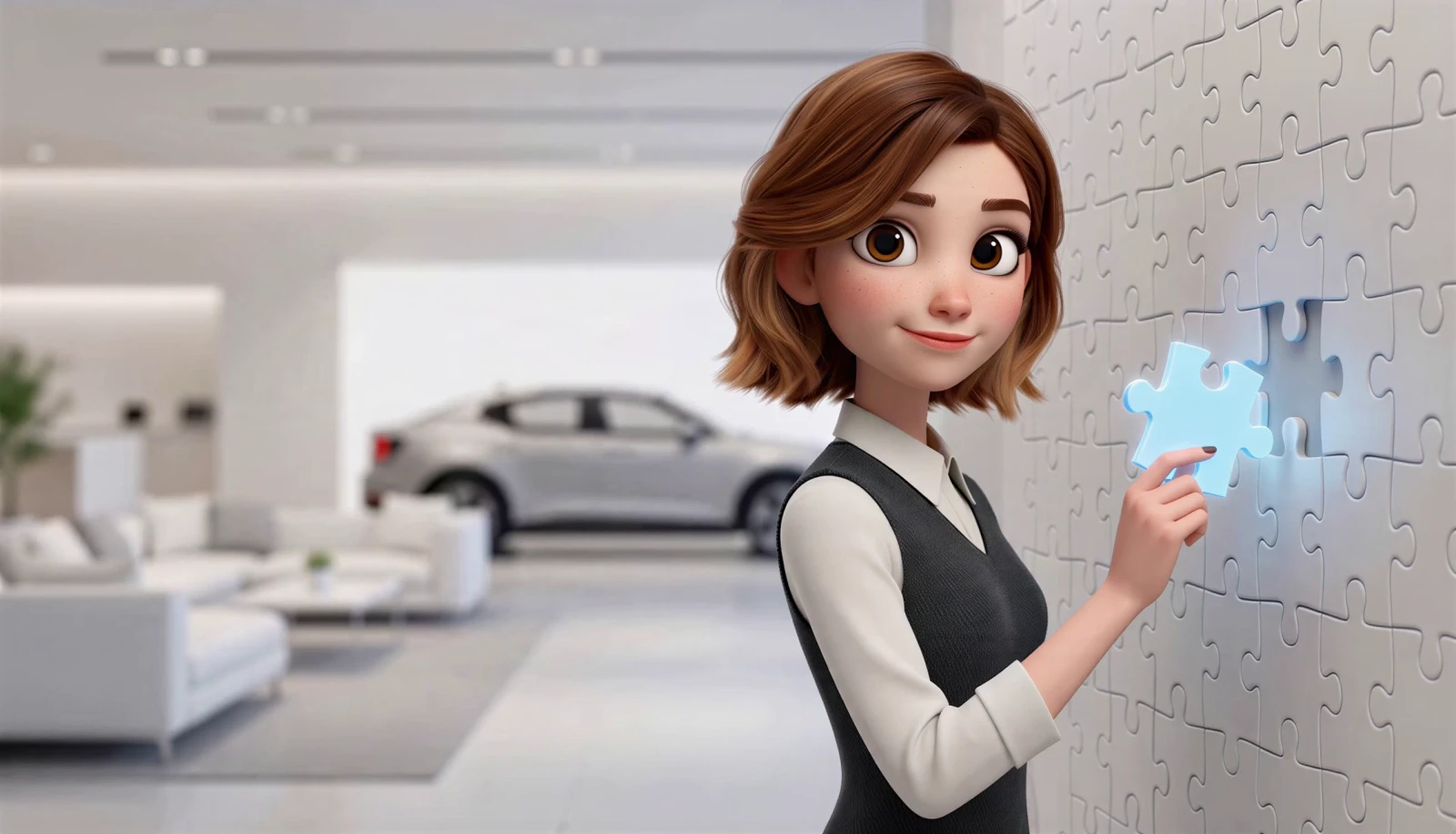 LISA places a glowing puzzle piece into a wall